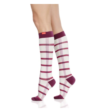 VIMandVIGR Compression Knee High Sock-Block Plaid: Cream & Raspberry