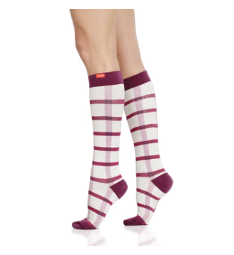VIMandVIGR Compression Knee High Sock-Block Plaid: Cream &amp; Raspberry