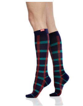 VIMandVIGR Compression Knee High Sock-Block Plaid: Navy &amp; Teal