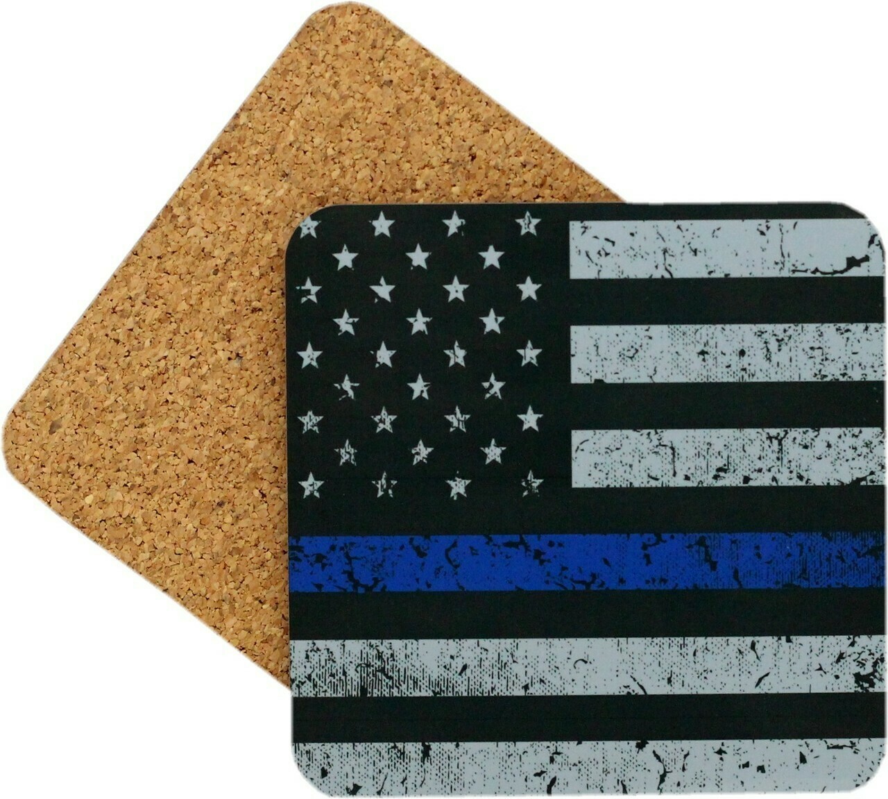 Cork Coaster 4 Pack Blue Line American Flag Hardboard