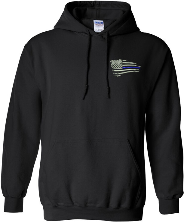 Distressed American Blue Line Flag Pullover Hoodie Embroidered