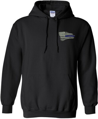 Distressed American Blue Line Flag Full Zip Hoodie Embroidered