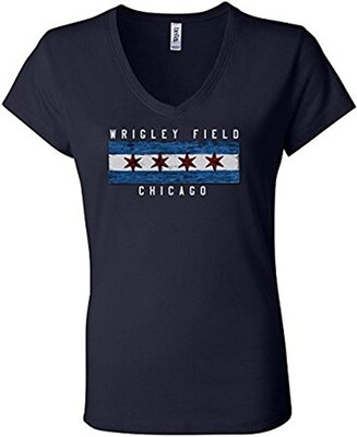 Wrigley Field Chicago Flag Ladies Bella Navy V-Neck
