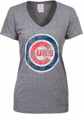 Chicago Cubs Ladies T-Shirt V-Neck Distressed Bullseye Logo Grey