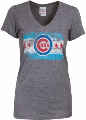 Chicago Cubs Ladies V-Neck Chicago Flag Grey