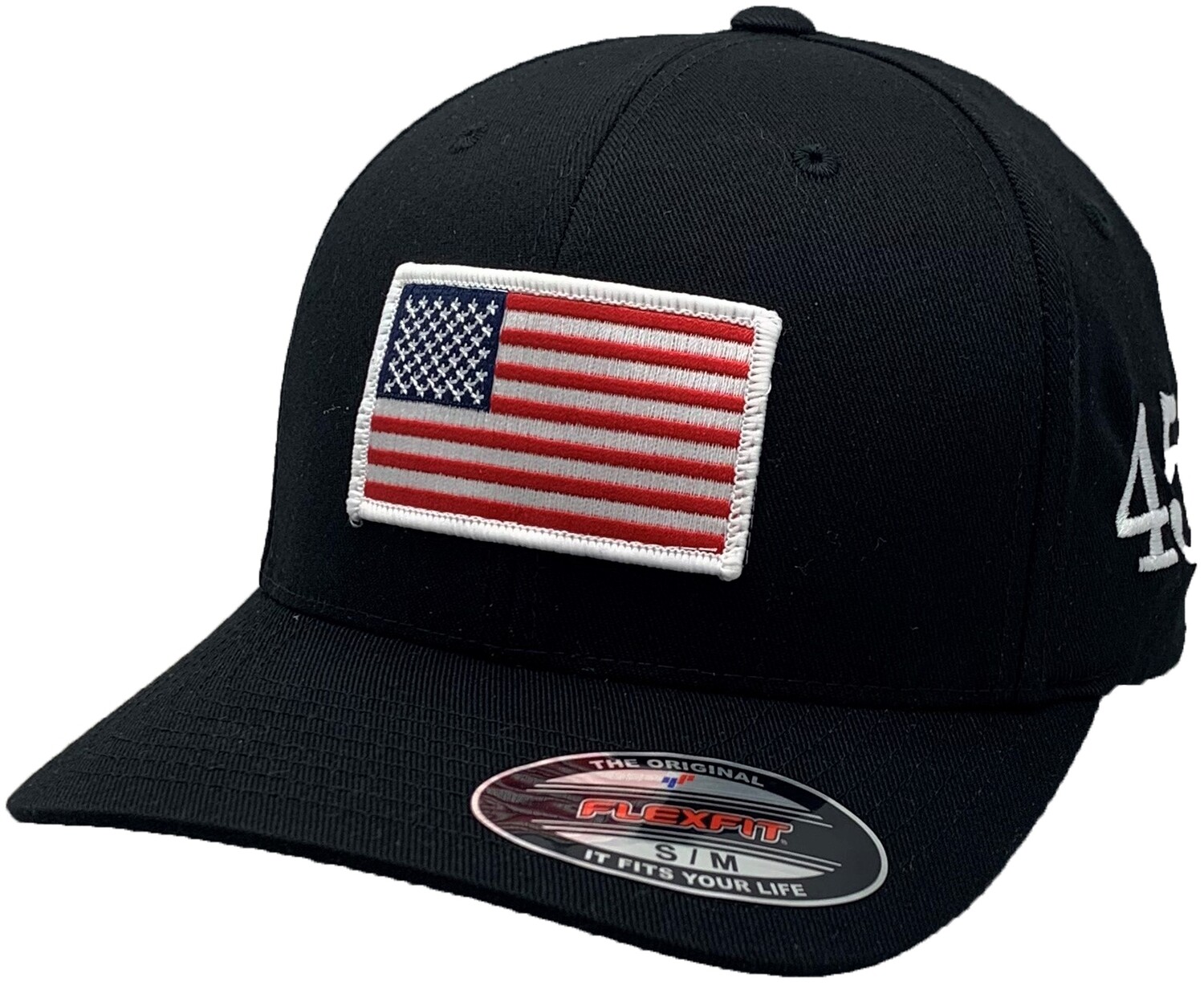 American Flag 45 Flex Fit Hat Black White Border