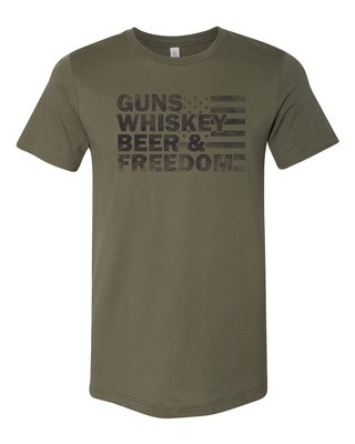 Guns Whiskey Beer &amp; Freedom Distress American Flag T-Shir