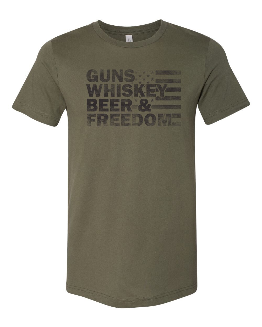 Guns Whiskey Beer &amp; Freedom Distress American Flag T-Shir, Color: Military Green, Size: Small