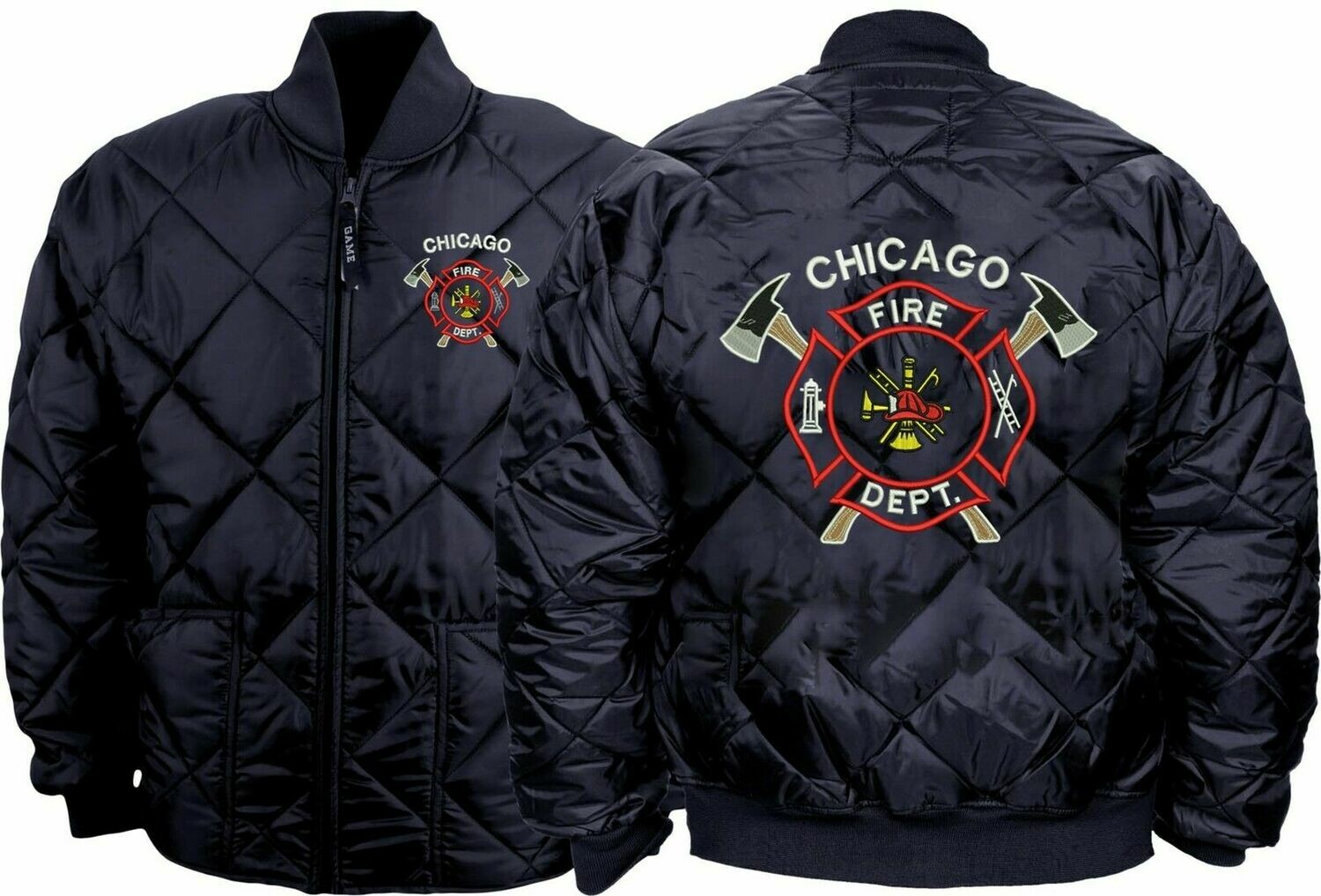 Chicago Fire Department Quilted Jacket Embroidered Crossed Axes Front and Back