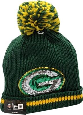 Green Bay Packers Women&#39;s Pom Knit Hat Sequin Frost Logo Block