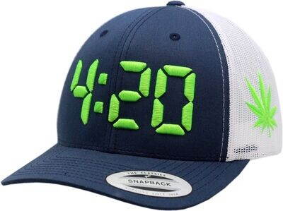 4:20 Marijuana Leaf Trucker Mesh Snapback Hat Navy/White
