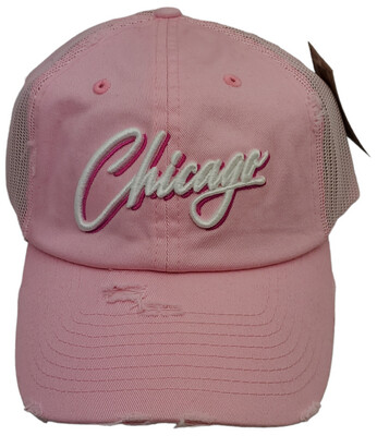 Chicago Script Trucker Mesh Snapback Distressed Pink