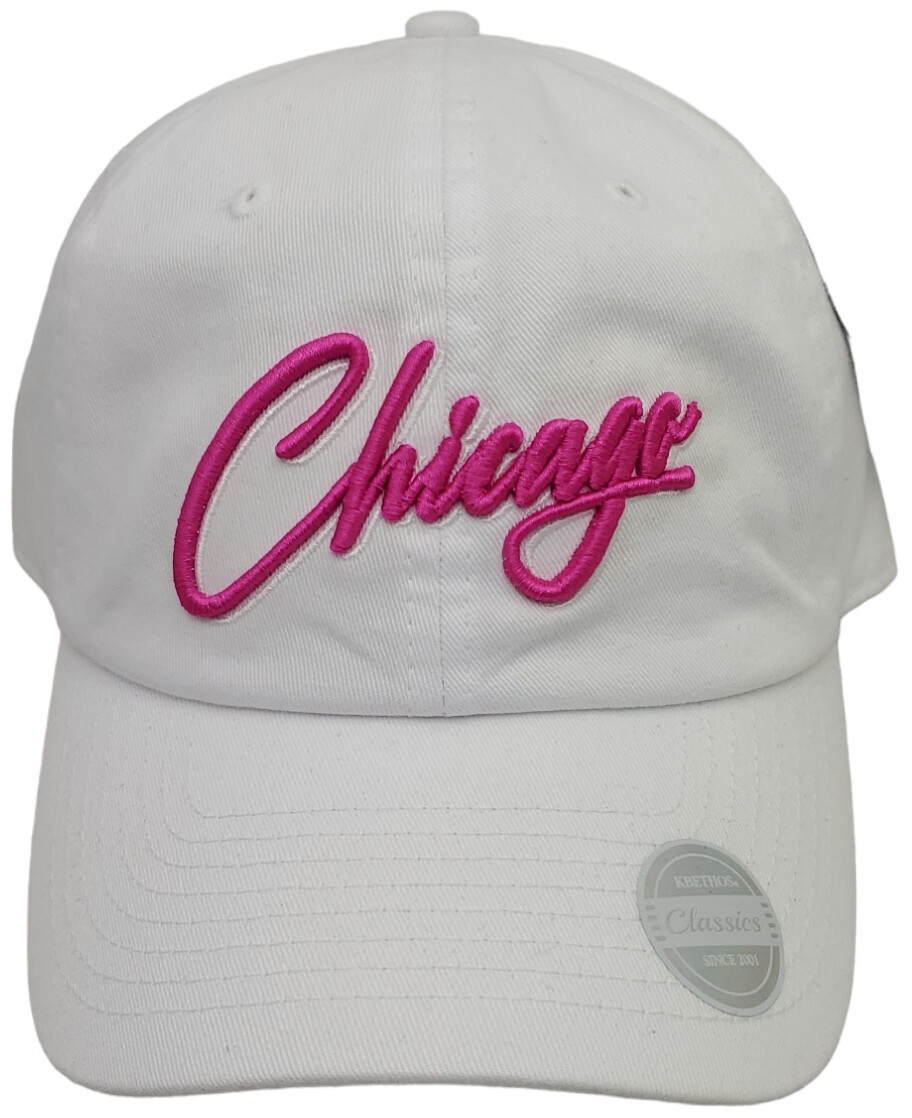 Chicago Script Slouch Hat Dad Cap Pink/White Embroidery