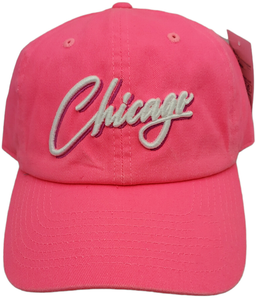 Chicago Script Slouch Hat Dad Cap Neon Pink
