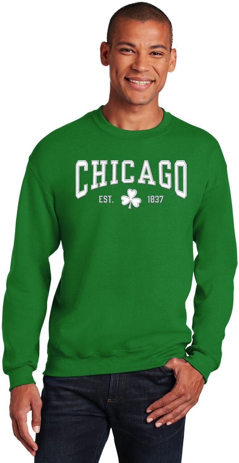 Chicago Irish Shamrock Green Crewneck Sweatshirt Stitched Tackle Twill