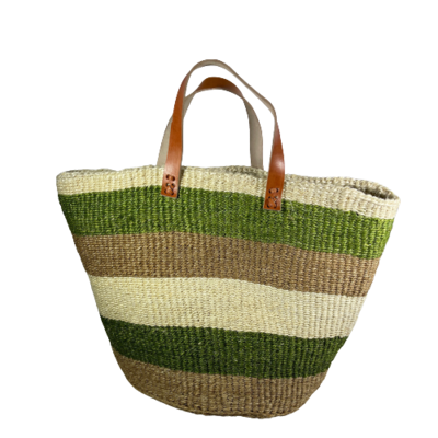 Green, Beige & White Striped Basket
