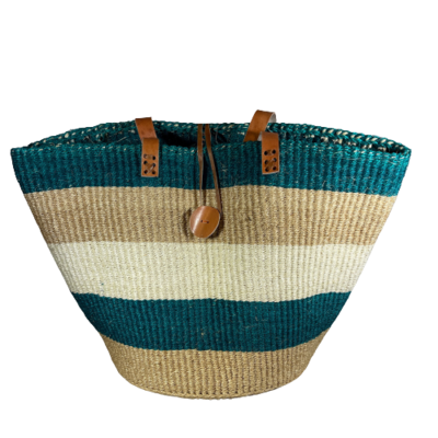 Teal, White, and Beige Striped Basket
