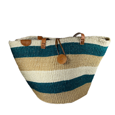 Deep Teal, Beige and White Striped Basket