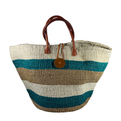 Teal, Beige, and White Striped Basket With Closure