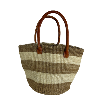 Beige And White Striped Tote Basket