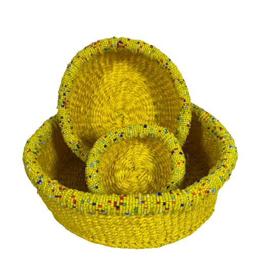 Yellow Multicolored Beaded Nestling Basket Set