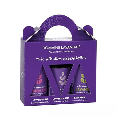 Drie flesjes etherische lavendelolie van Domaine Lavandaïs: Lavande Fine, Lavandin en Lavande Aspic uit de Provence.