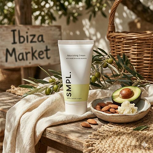 Professionele sfeerfoto van SMPL Nourishing Cream omringd door natuurlijke ingrediënten op een houten tafel op de Ibiza Markt