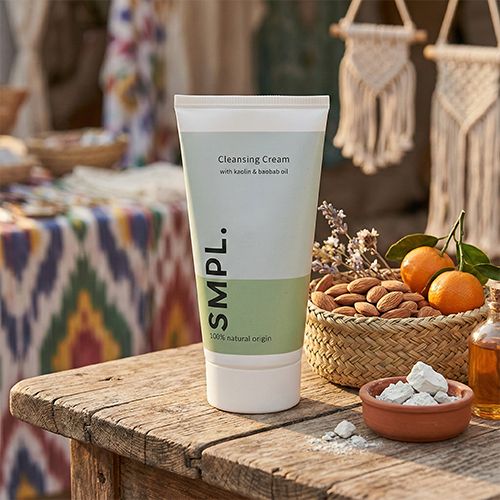 Sfeervolle panorama-afbeelding van SMPL Skincare producten op een houten tafel op een zonnige Ibiza Markt