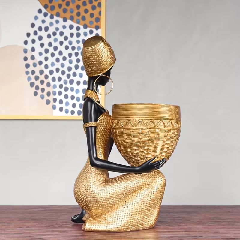 1PC AFRICAN TRIBAL WOMAN SCULPTURE WITH STORAGE VASE