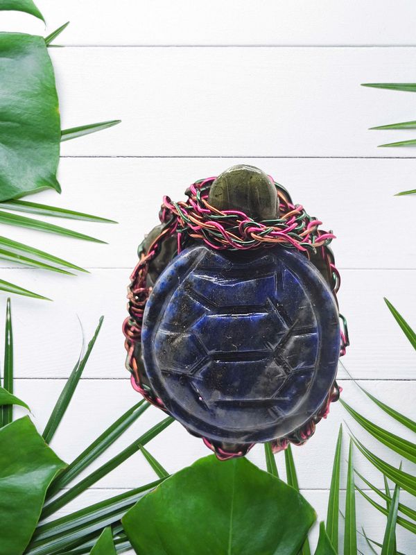 ADJUSTABLE WIRE WRAPPED TURTLE RING WITH LAPIS BLUE SHELL