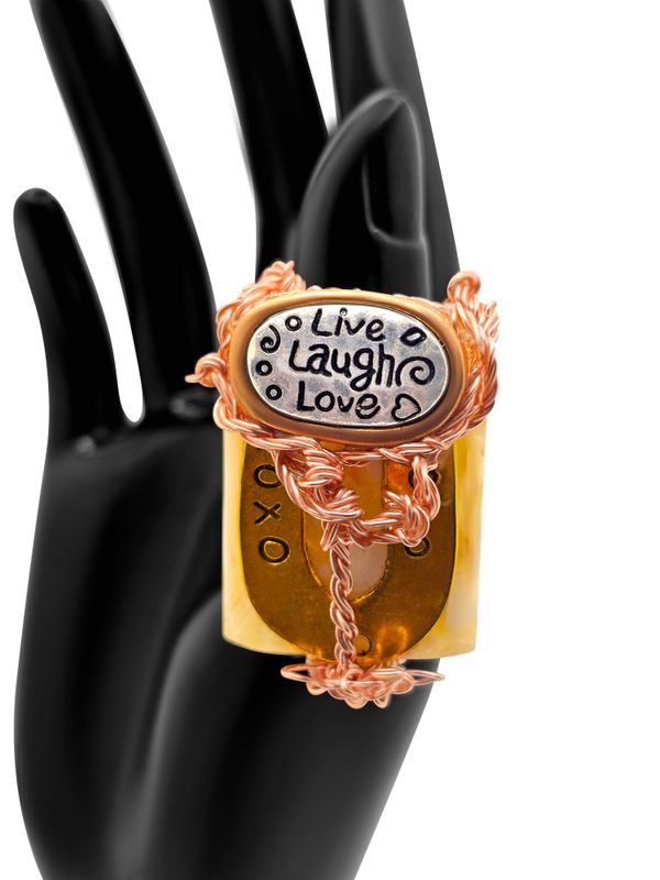 ADJUSTABLE RING WITH MOTHER-OF-PEARL ASSEMBLED PEARL, WIRE WRAPPED ANTIQUE FOCAL "LIVE, LOVE, LAUGH"