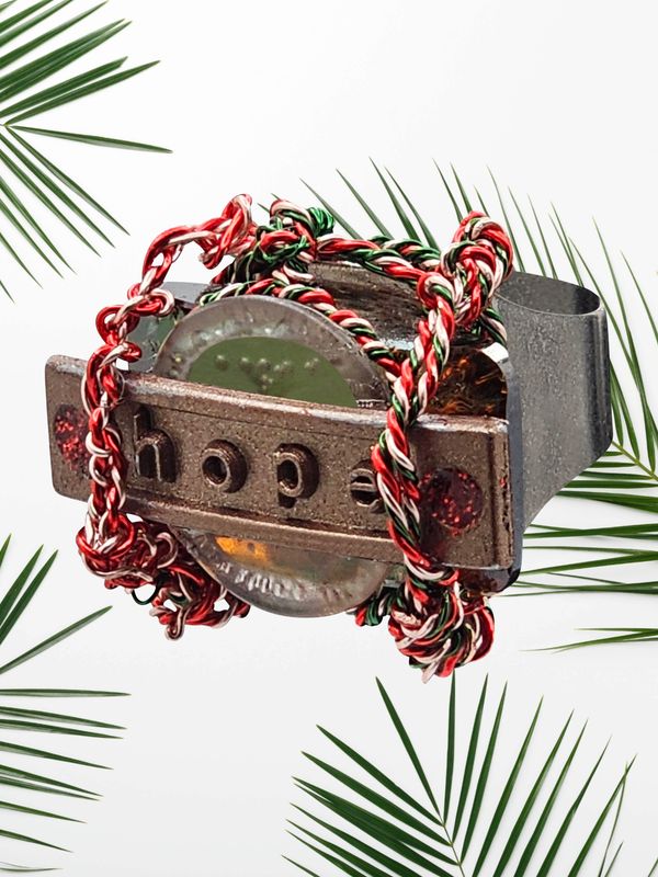 ADJUSTABLE RING WITH WIRE WRAPPED GLASS & "HOPE" FOCAL