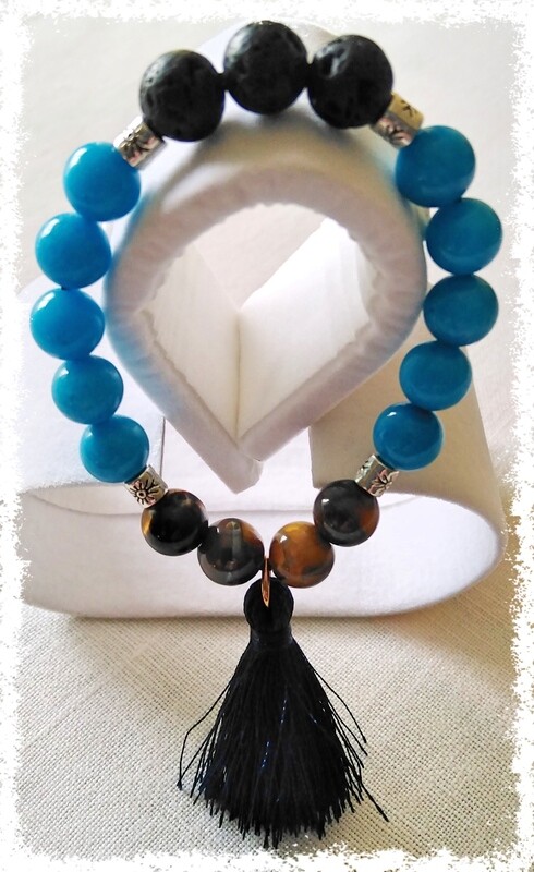 Pulseira Pedras Jade Azul Celeste, Olho de Tigre e Lava