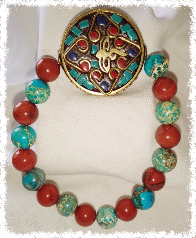 Pulseira Pedras Jaspe Azul e Vermelha, com Pingente Tibetano