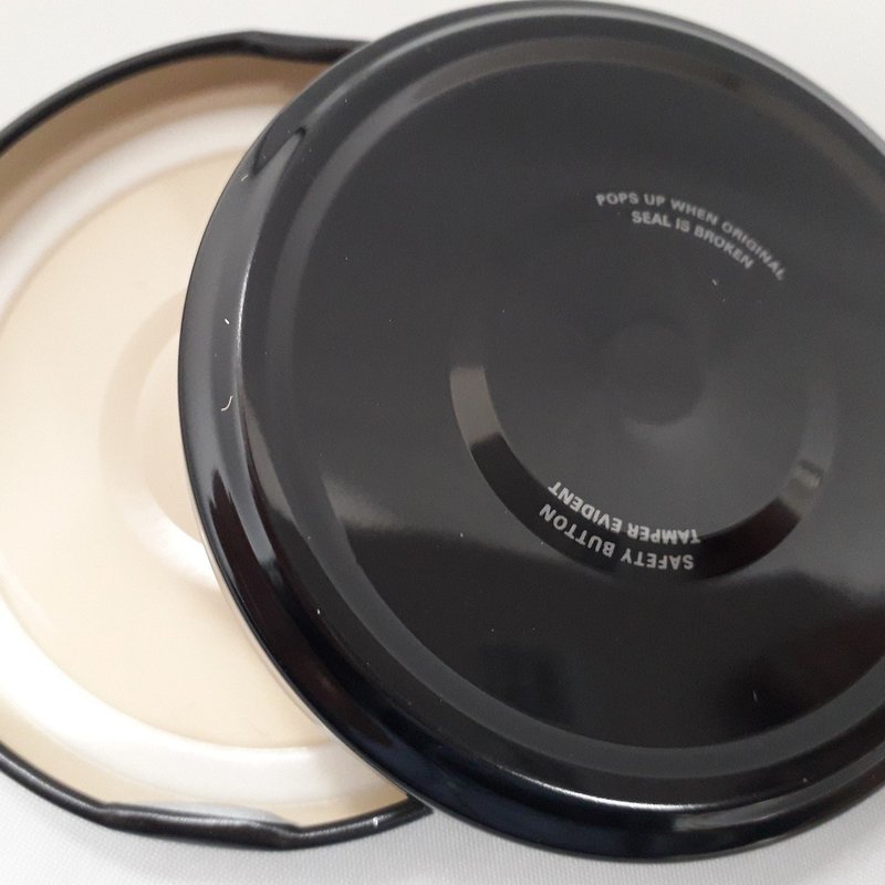 Black Metal Twist Off Button Lids with Silver/White Lettering 70mm