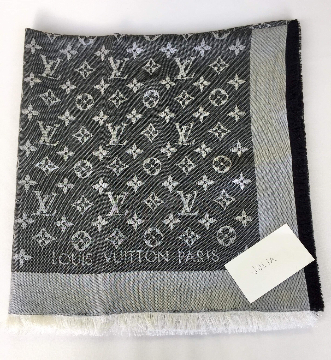 Louis Vuitton monogram gray tone on tone shawl fringes weaved wool