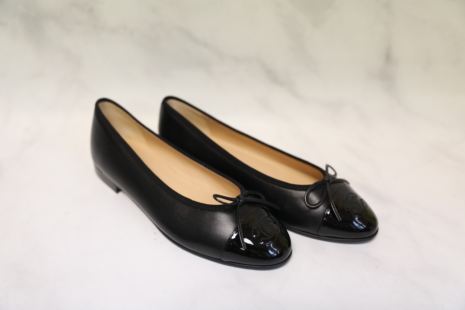Chanel Flats Lambskin and Patent Black, Size 36.5, New in Box WA001