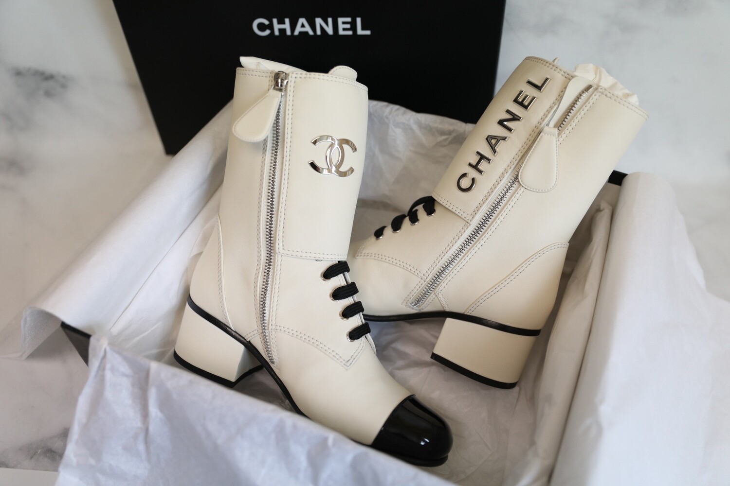 Chanel Boots with "Chanel" on the Side White, Leather with Silver