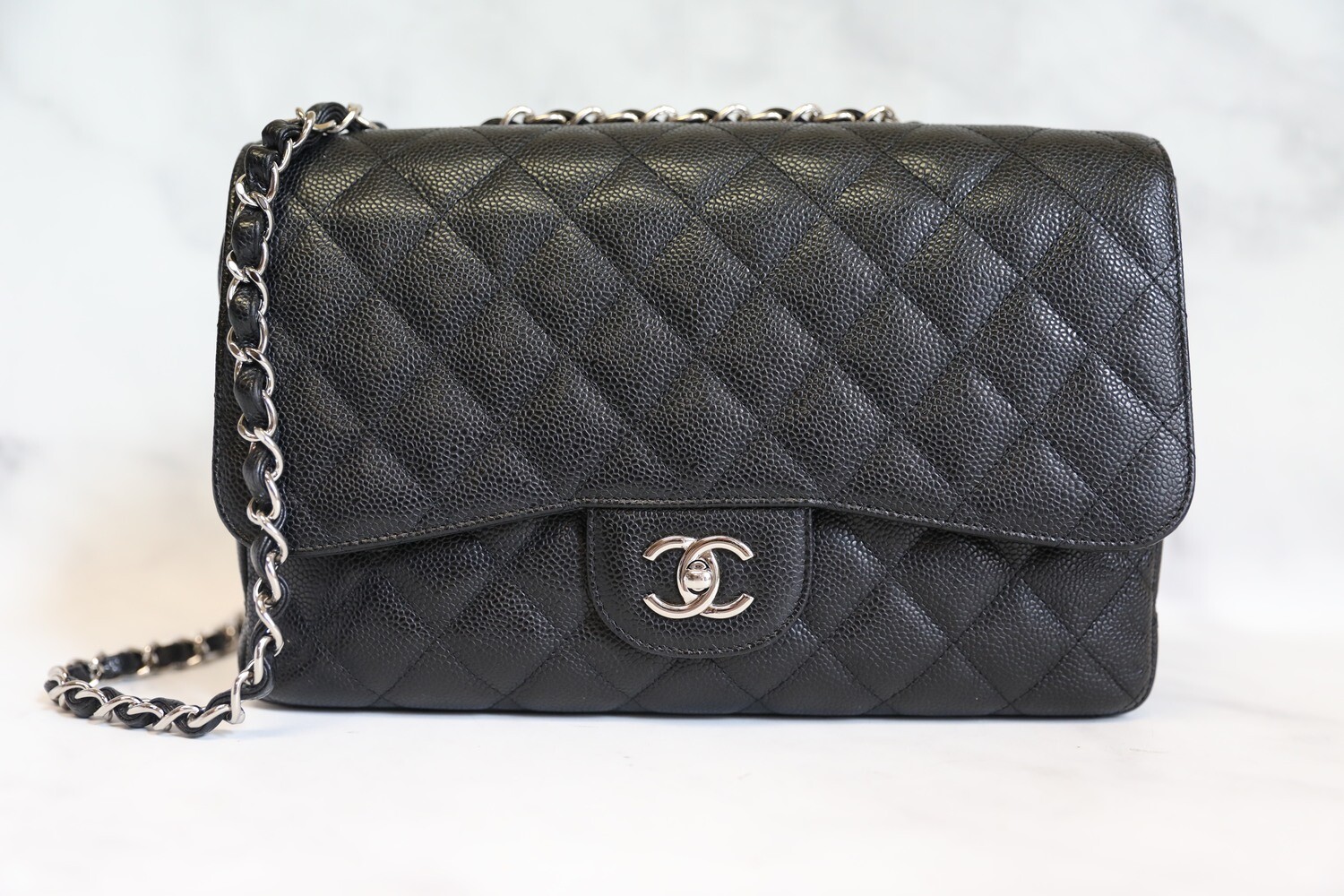 Chanel Classic Jumbo Single Flap Caviar Black with Silver Hardware In dustbag