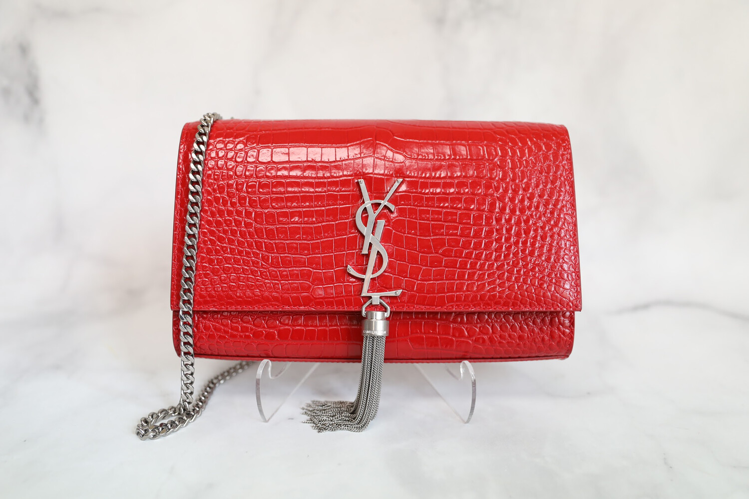 Saint Laurent Kate Medium With Tassel Red Croc Embossed New In Dustbag