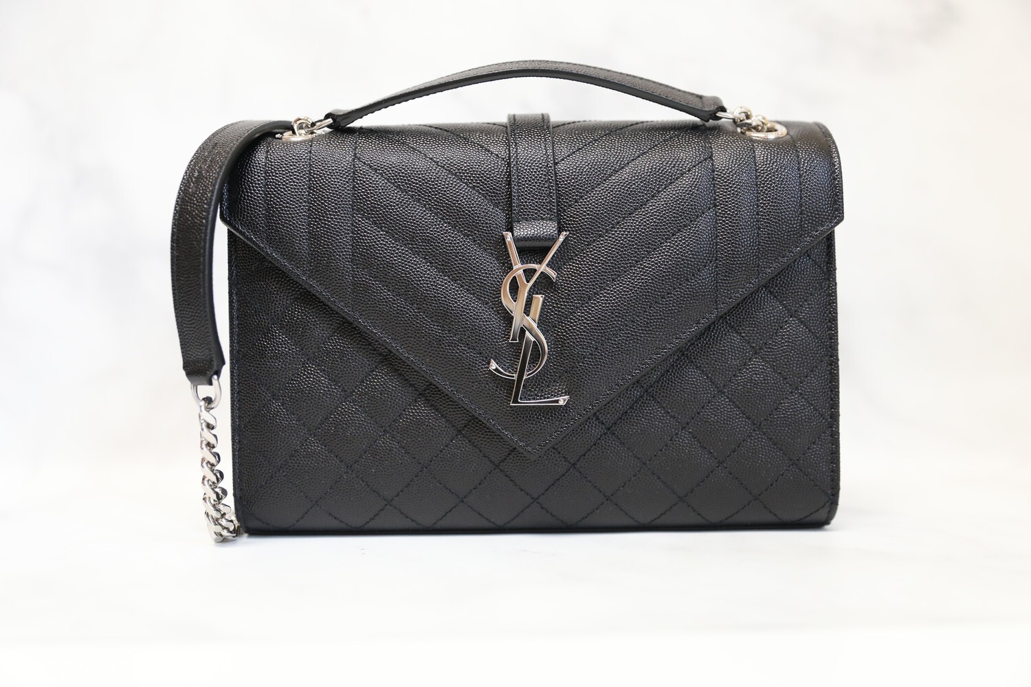 Saint Laurent Envelope Medium Bag Black Pebbled Calfskin Leather With Silver Hardware, New with Dustbag