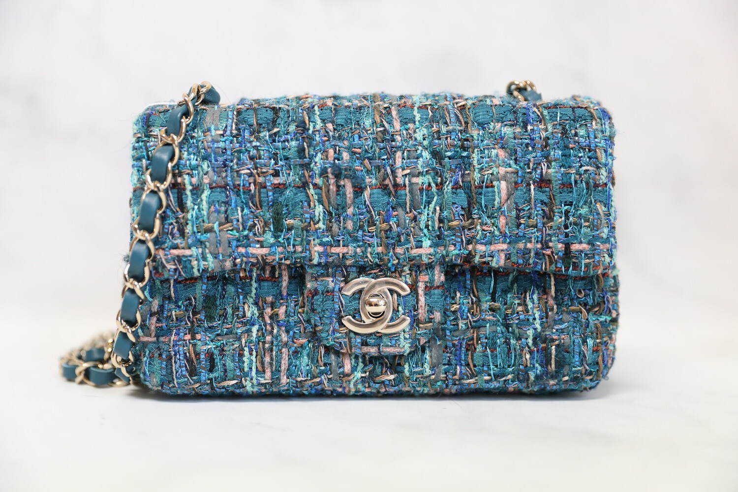 Chanel Mini Blue Tweed 19A, Gold Hardware, Like New, In Box