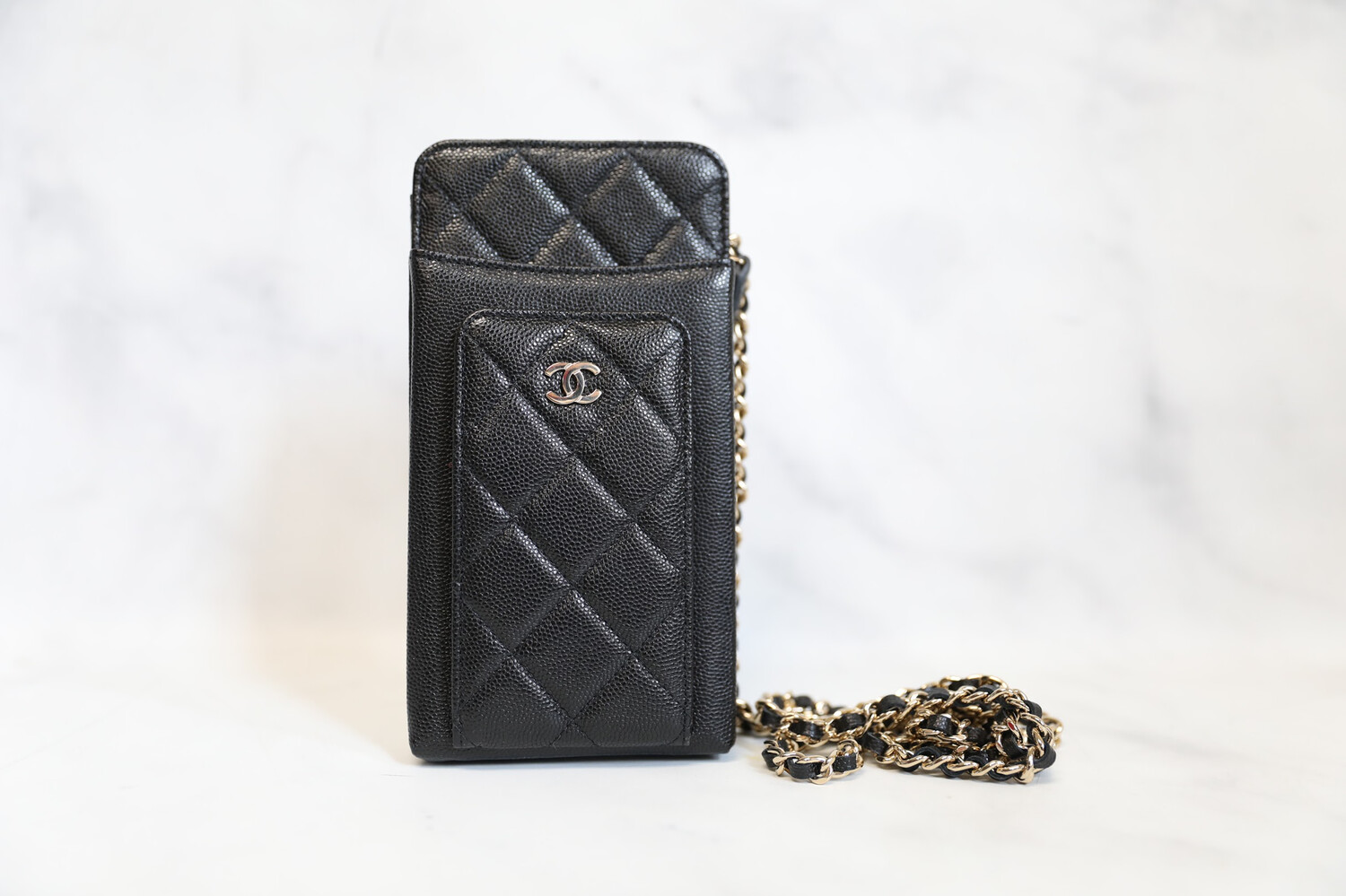 Chanel Phone &amp; Card Holder Chain Wallet Black Caviar With Gold Hardware, Full Set