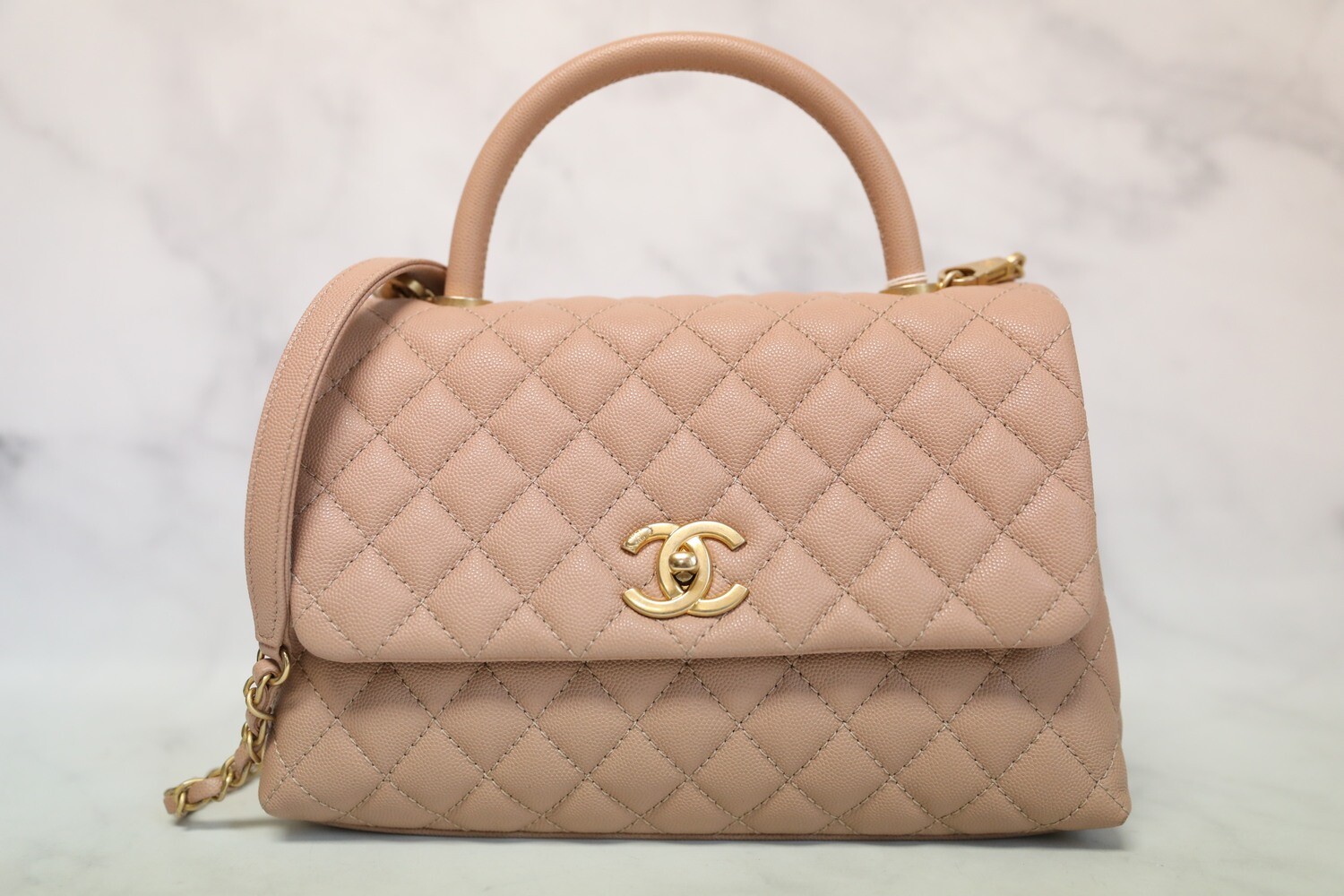 Chanel Coco handle small beige caviar leather with gold hardware, preowned full set.