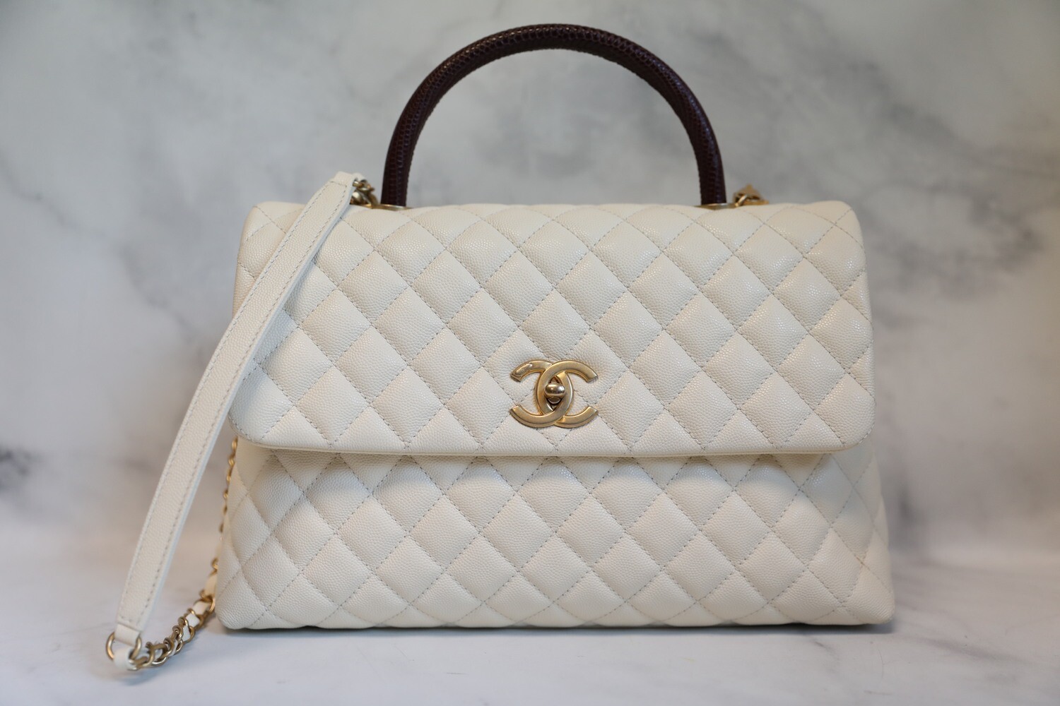 Chanel Coco Handle Large White Caviar Leather with Exotic Lizard Handle Preonwed with Dustbag