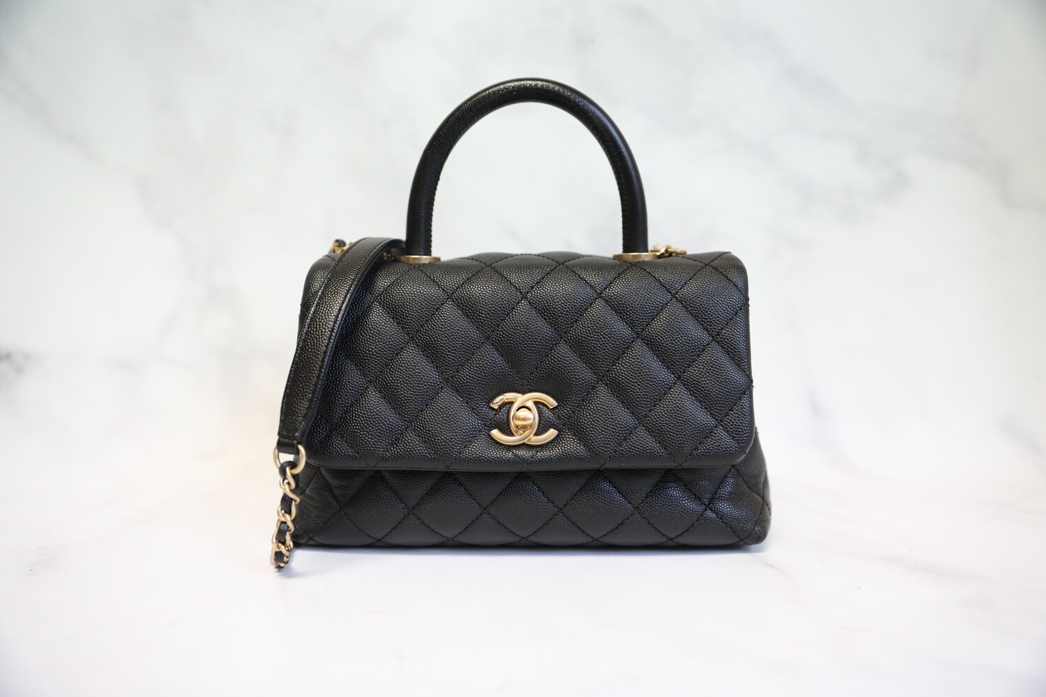 Chanel Coco handle mini black caviar leather with gold hardware, prewowned in dustbag