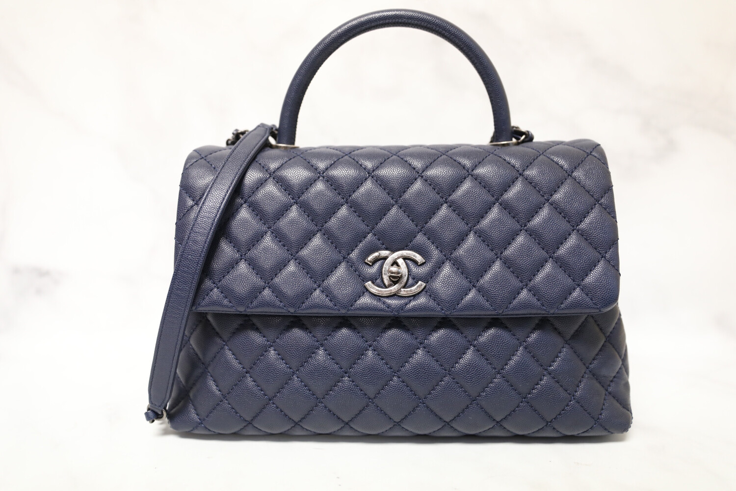 Chanel Coco Handle Large Navy Caviar with Ruthenium Hardware, Pre Owned in Dustbag MA001