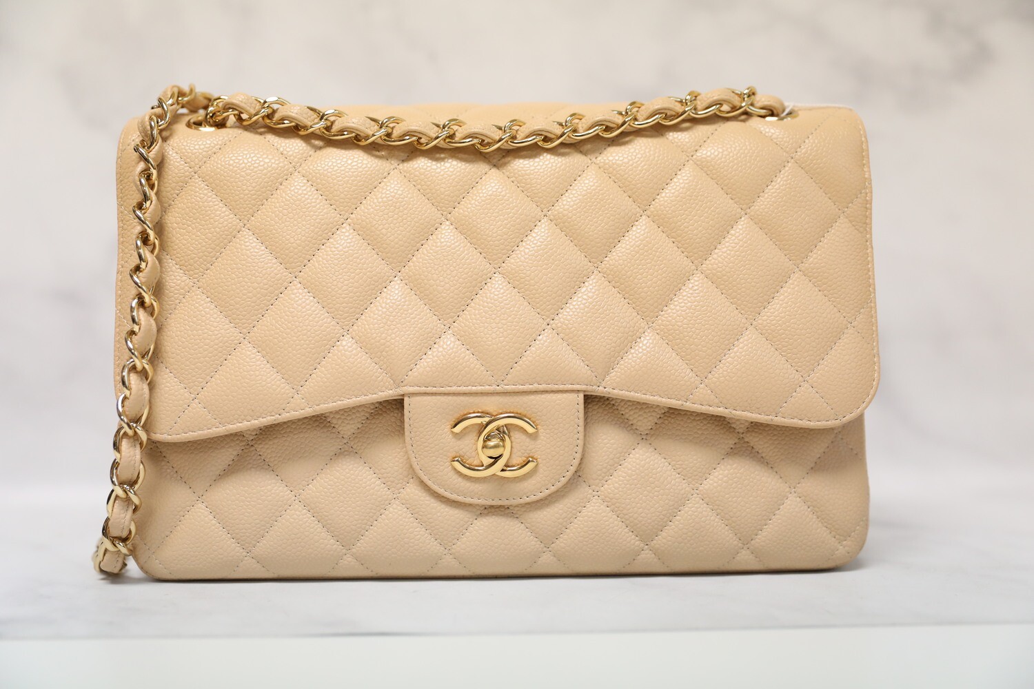 Chanel Classic Jumbo Double flap beige claire caviar leather gold hardware, preowned with dustbag