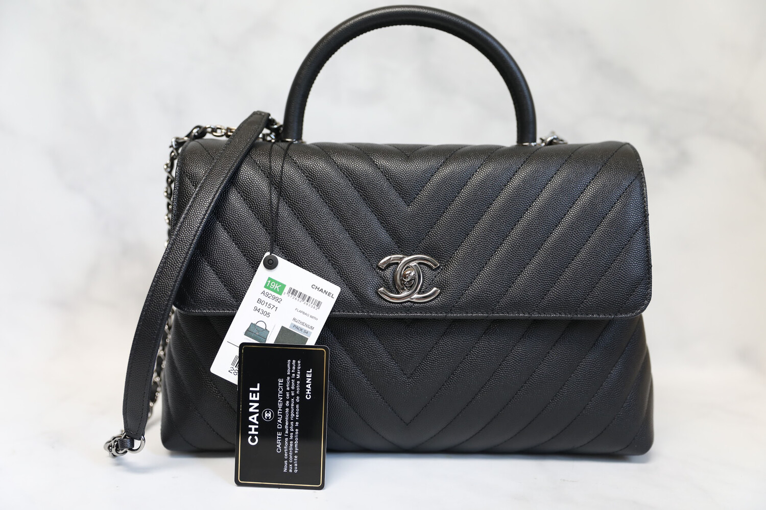 Chanel Coco Handle Large Black Chevron Caviar With Ruthenium Hardware, New With Full Set