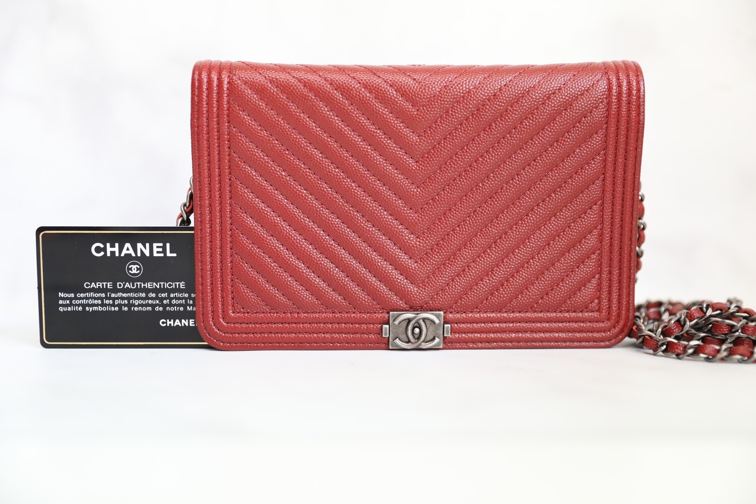 Chanel Wallet On Chain Boy Dark Red Chevron Caviar, Ruthenium Hardware,  Card & Dustbag - Julia Rose Boston | Shop